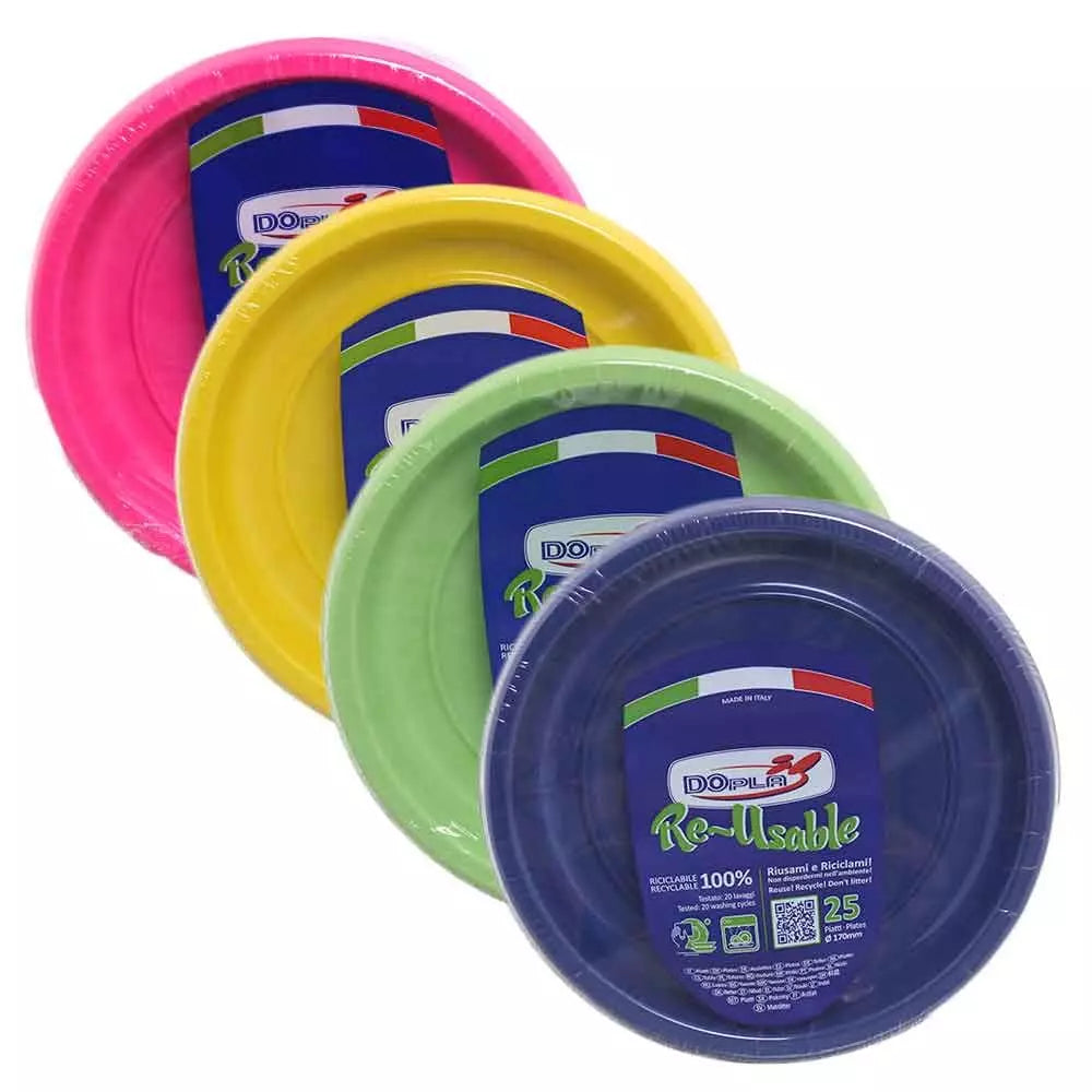 DOPLA - 25 Piattini piani piccoli di plastica colorati - 18 cm