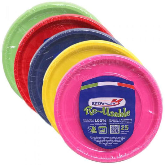 DOPLA - 25 Piatti piani grandi di plastica colorati - 22 cm